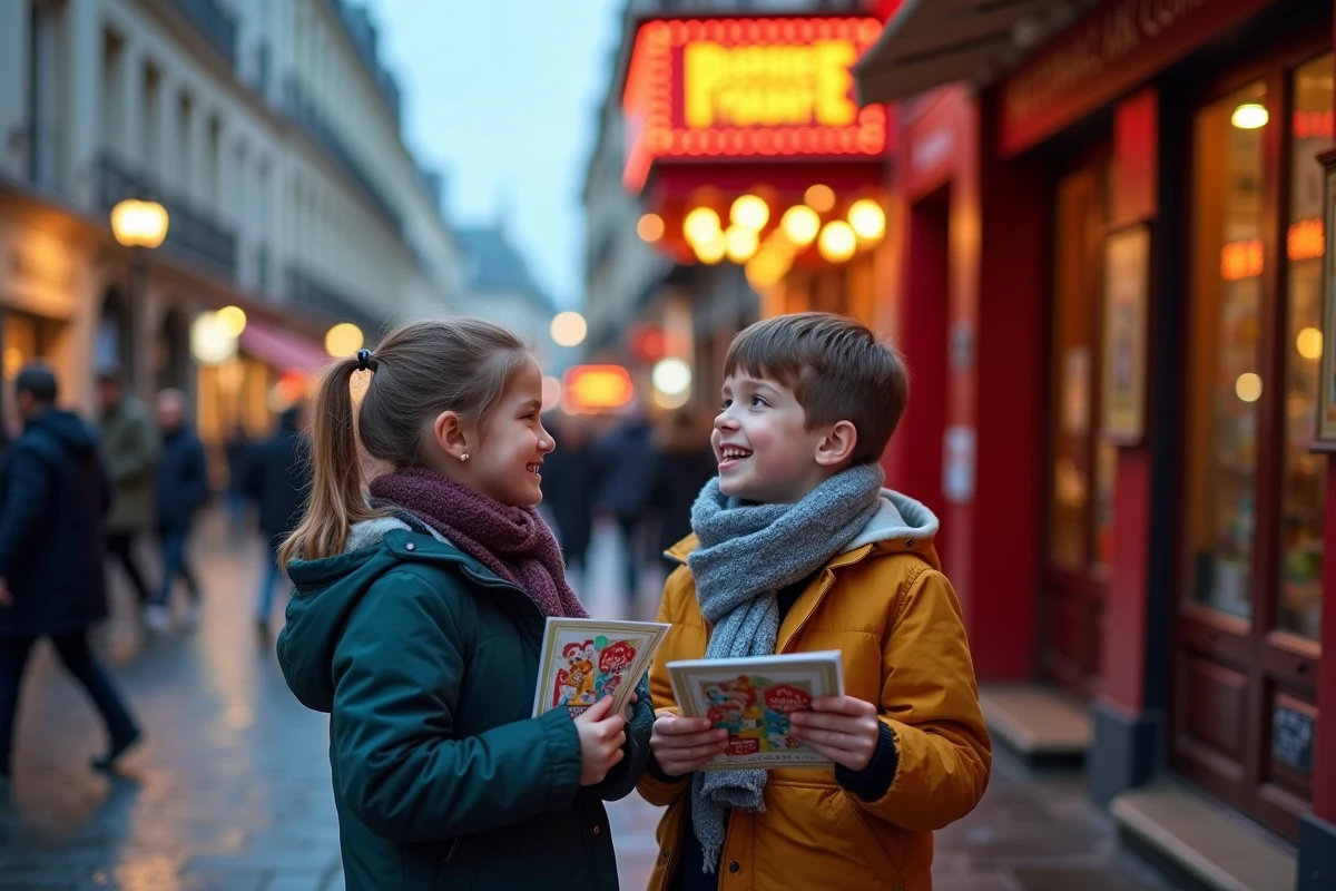 Deux enfants devant un théâtre de marionnettes à Paris au crépuscule lors d'une sortie en soirée
