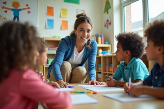 Enseignante souriante aidant des enfants en classe