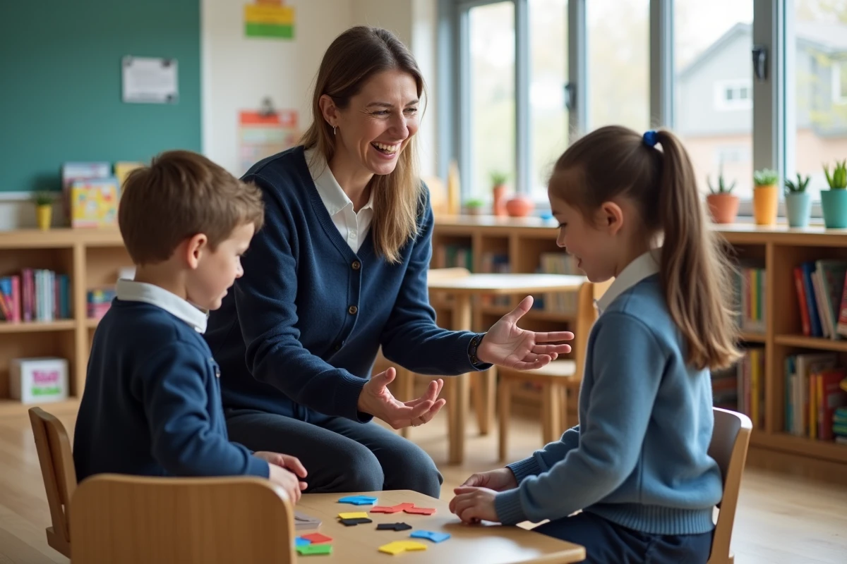 Enseignante expliquant les règles d'un jeu tactile à deux élèves agenouillés dans une salle de classe moderne