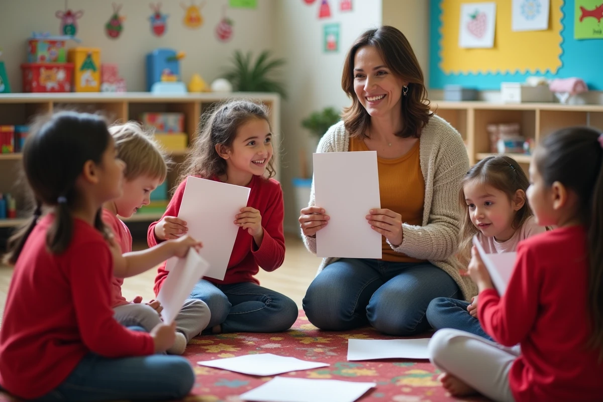 Enseignante montrant des lettres de Santa aux enfants heureux
