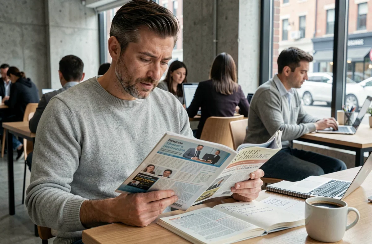Entrepreneur lisant un magazine business en espace de coworking pour choisir son abonnement TPE