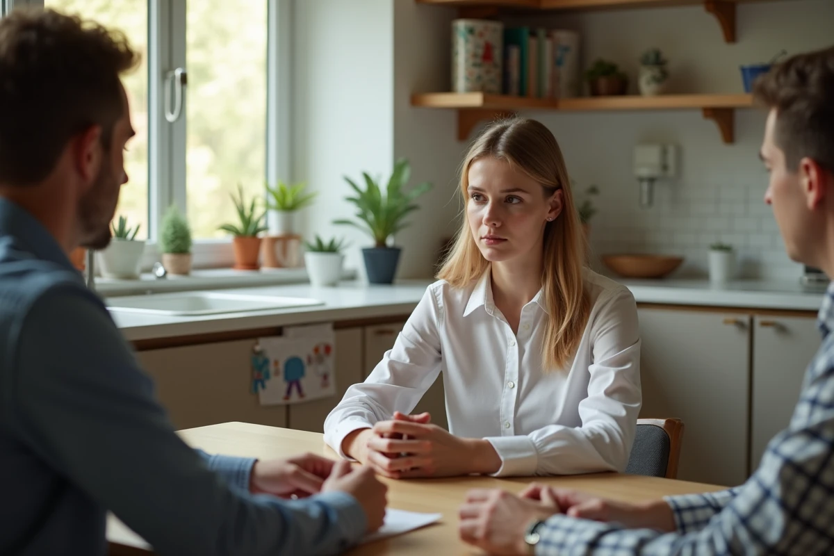 Jeune femme écoute un couple dans une cuisine moderne
