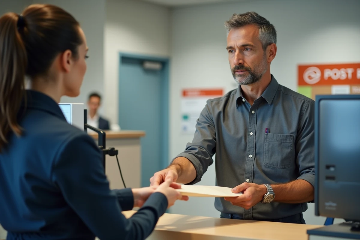 Homme déposant une lettre recommandée de déclaration de décès à la CPAM dans un bureau de poste