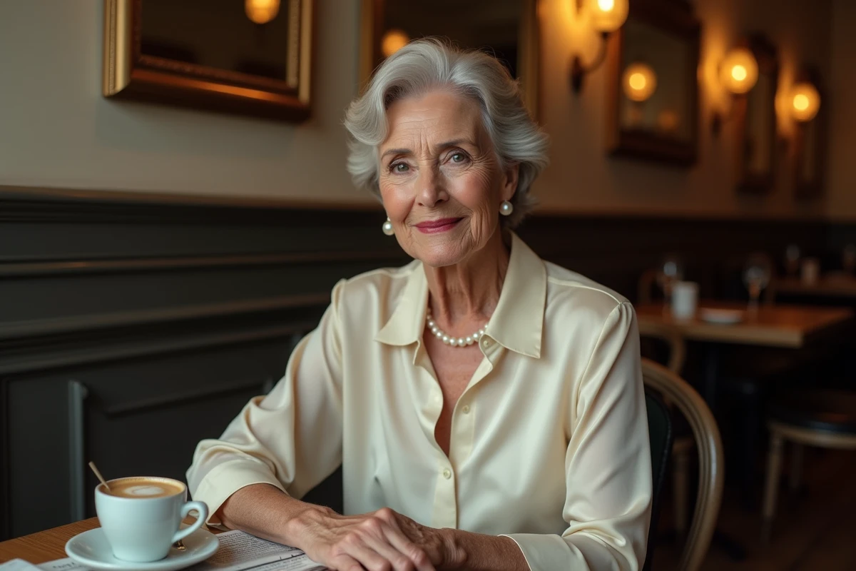 Femme élégante aux cheveux argentés dans une brasserie parisienne symbolisant la discrétion de l'épouse d'un personnage politique français