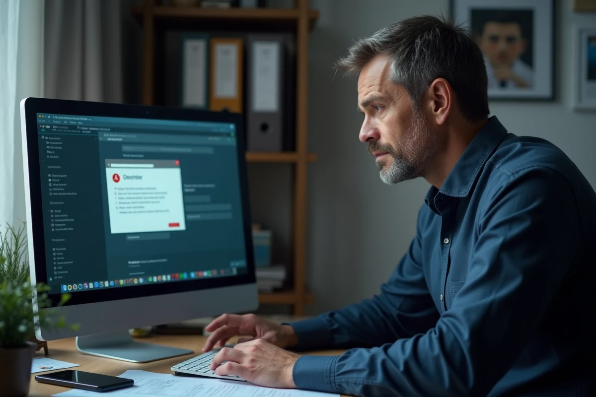 Homme consultant un message d'erreur sur un ordinateur de bureau lors d'une tentative de connexion à un portail administratif