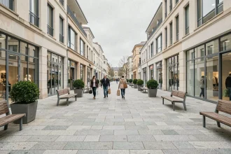 Esplanade piétonne du centre commercial Le Cardo à Orvault avec commerces et promeneurs