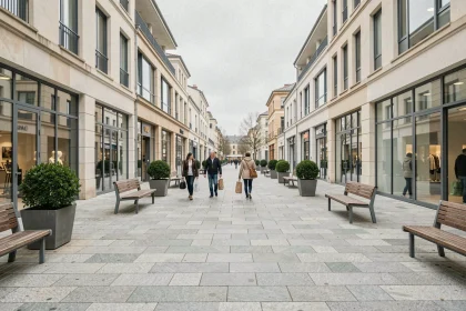 Esplanade piétonne du centre commercial Le Cardo à Orvault avec commerces et promeneurs