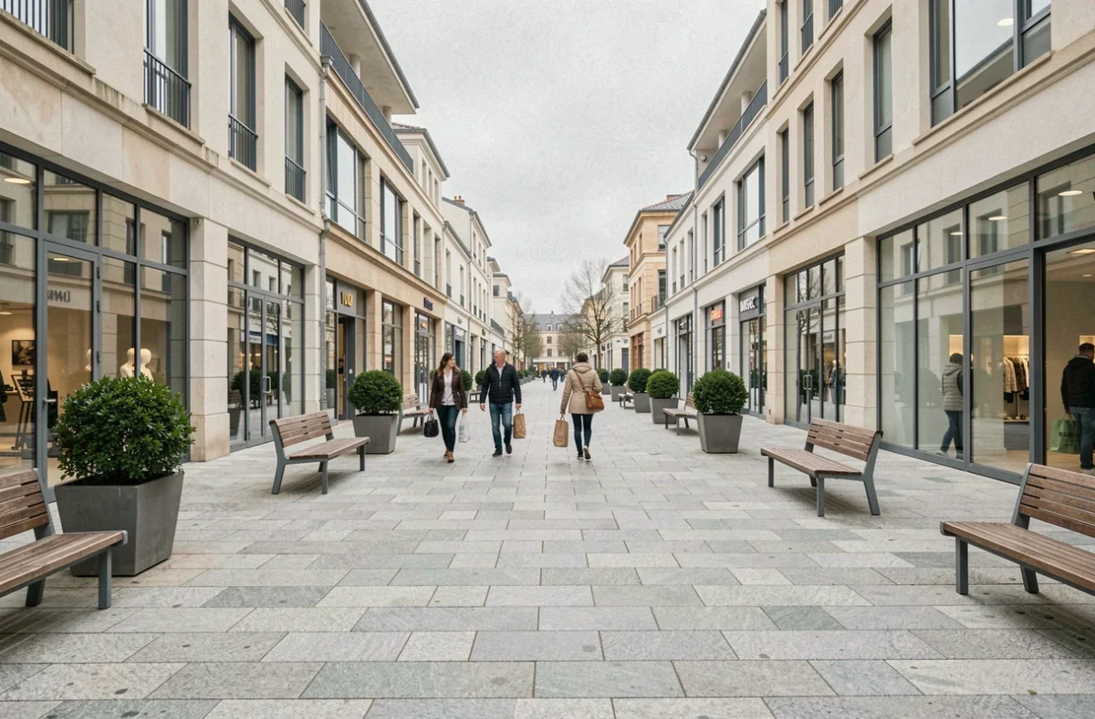 Esplanade piétonne du centre commercial Le Cardo à Orvault avec commerces et promeneurs