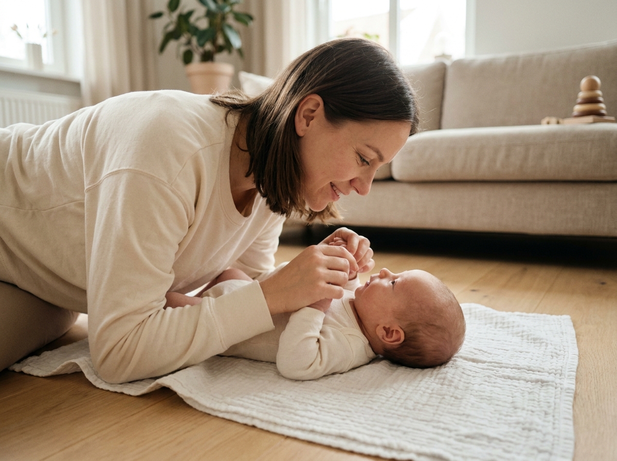 Maman qui éveille doucement son bébé de 1 mois allongé sur une couverture blanche dans un salon scandinave