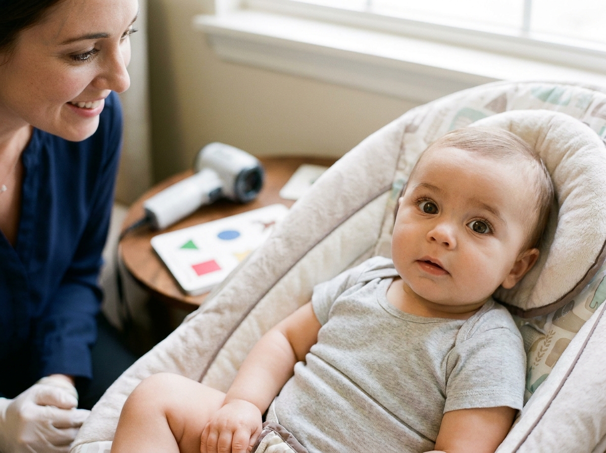 Gros plan sur les yeux d'un bébé lors d'un examen de la vue chez l'orthoptiste