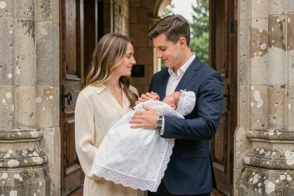 Couple tenant leur bébé en robe de baptême devant l'entrée d'une église en pierre