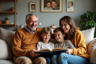 Famille multigenerational assise sur un canapé chaleureux