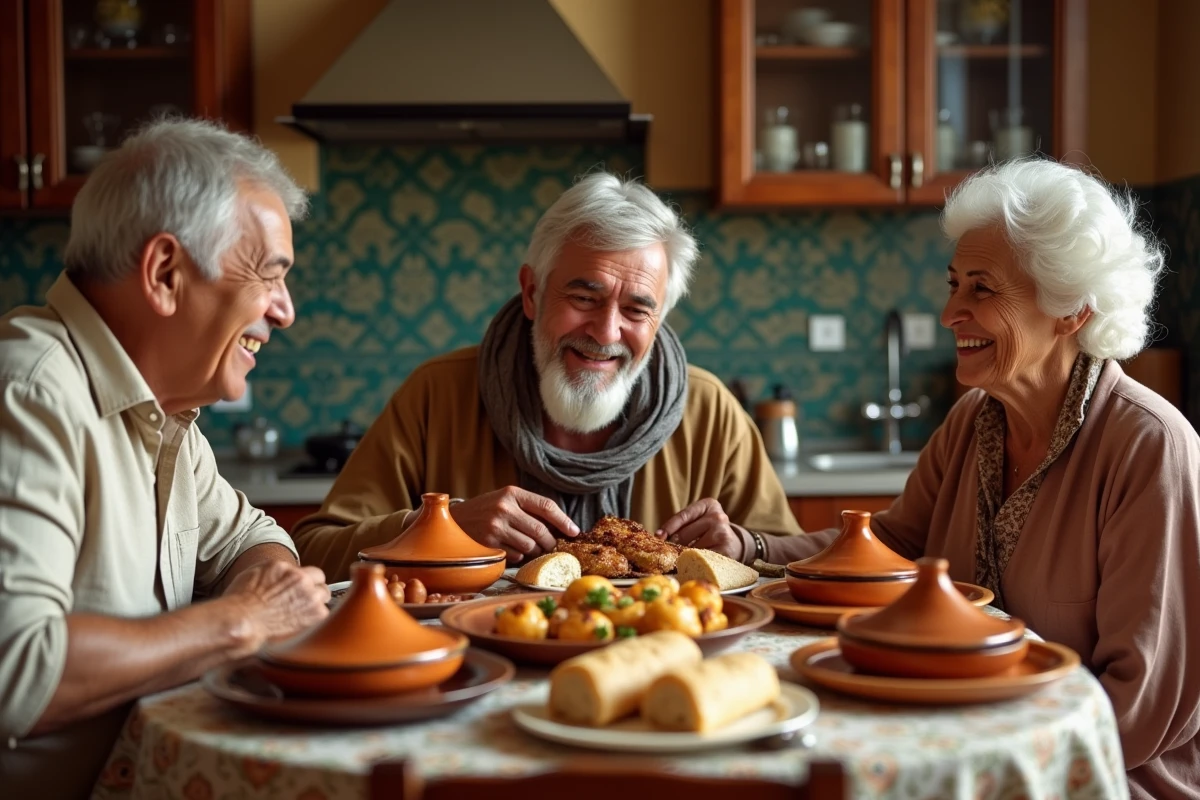 Famille multiculturelle franco-nord-africaine réunie autour d'un repas traditionnel dans un appartement parisien, scène de vie authentique
