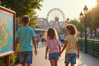 Famille souriante découvrant le parc d'attractions en été