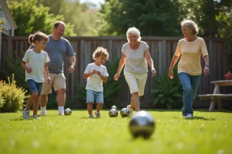 Famille multigenerational jouant &agrave; la p&eacute;tanque dans le jardin