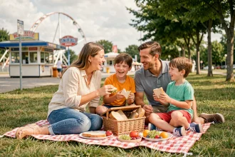Famille profitant d'un pique-nique économique devant l'entrée d'un parc d'attractions en Alsace