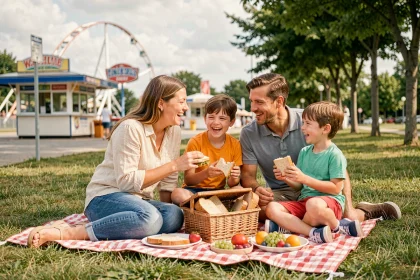 Famille profitant d'un pique-nique économique devant l'entrée d'un parc d'attractions en Alsace