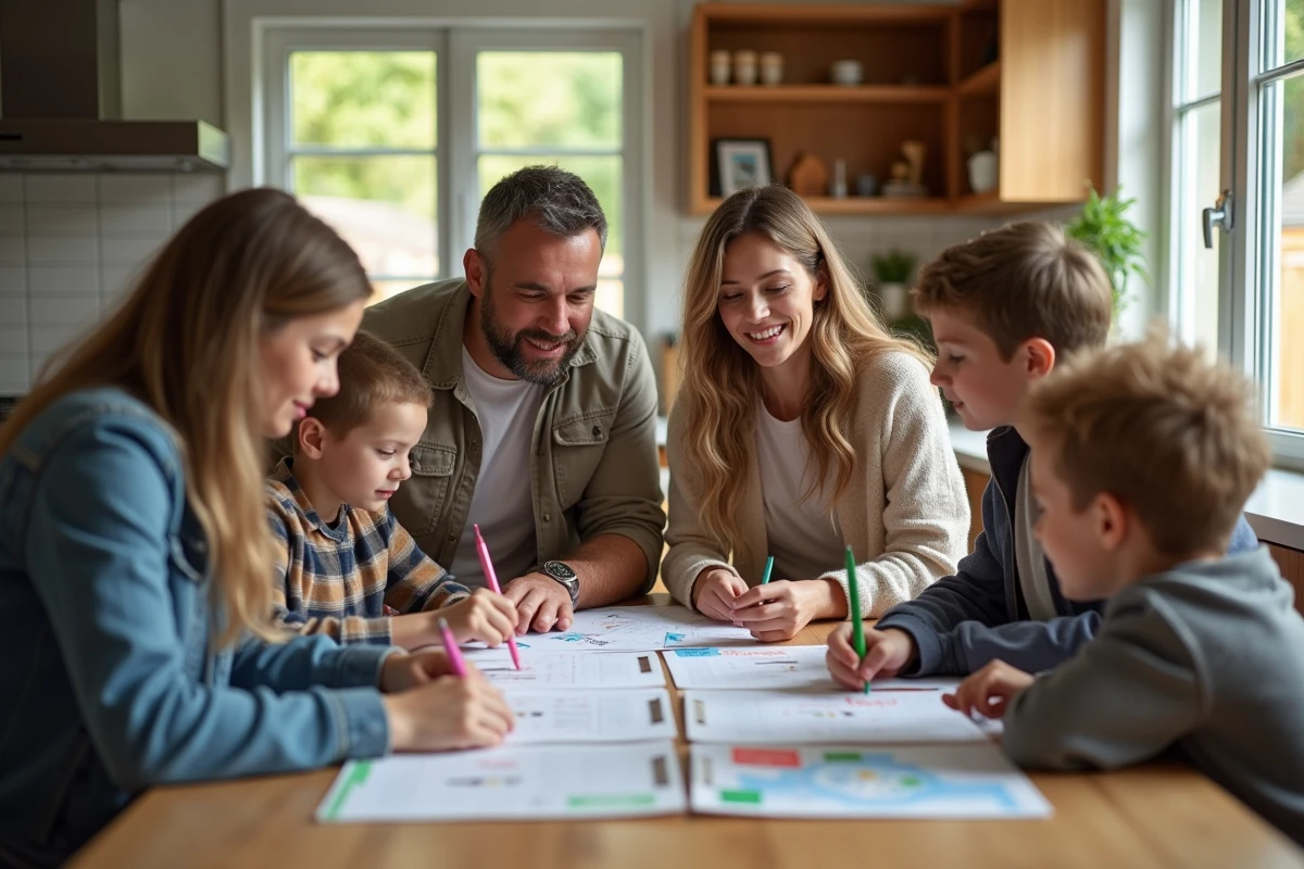 Famille recomposée discutant de vacances à la cuisine