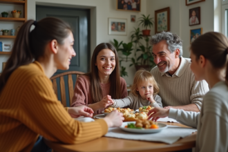 Famille multigenerationale réunie autour d'une table en intérieur