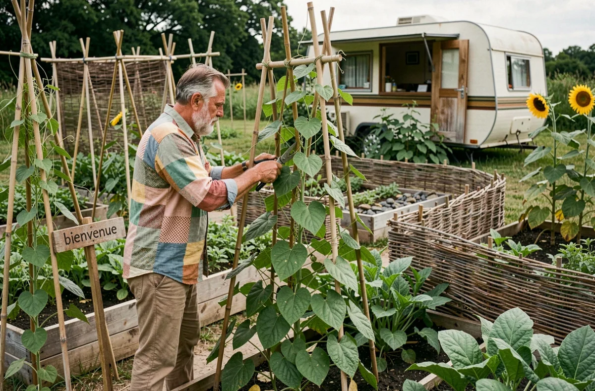 Un jardinier entretient un potager en permaculture à Faune, Flore et Utopies, ferme engagée dans l'Indre