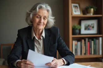 Femme agee examine des papiers dans un appartement moderne