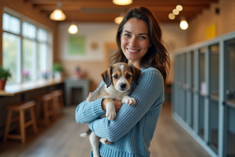 Femme avec un chiot dans un refuge animalier chaleureux