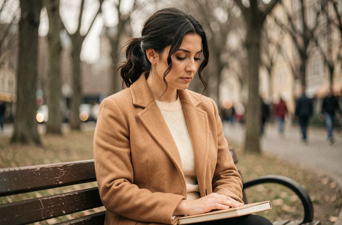Femme assise seule sur un banc de parc en automne, regard introspectif et carnet fermé symbolisant la protection de la vie privée