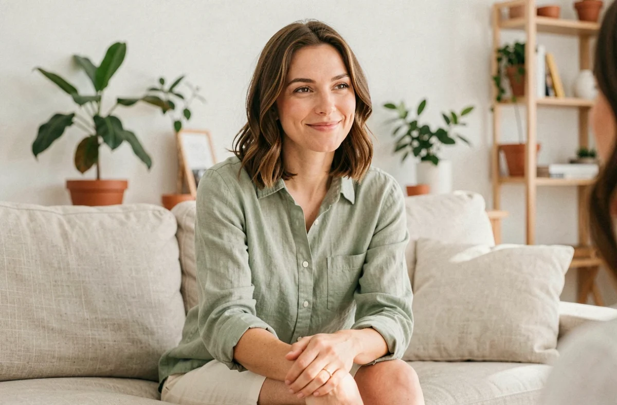 Femme aux cheveux bruns souriante dans un salon minimaliste, évoquant la vie privée et les nouvelles personnelles d'une femme célèbre en 2026