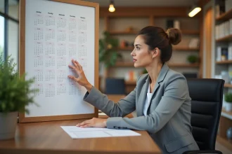 Femme professionnelle consultant un calendrier mural avec semaines paires et impaires dans un bureau moderne