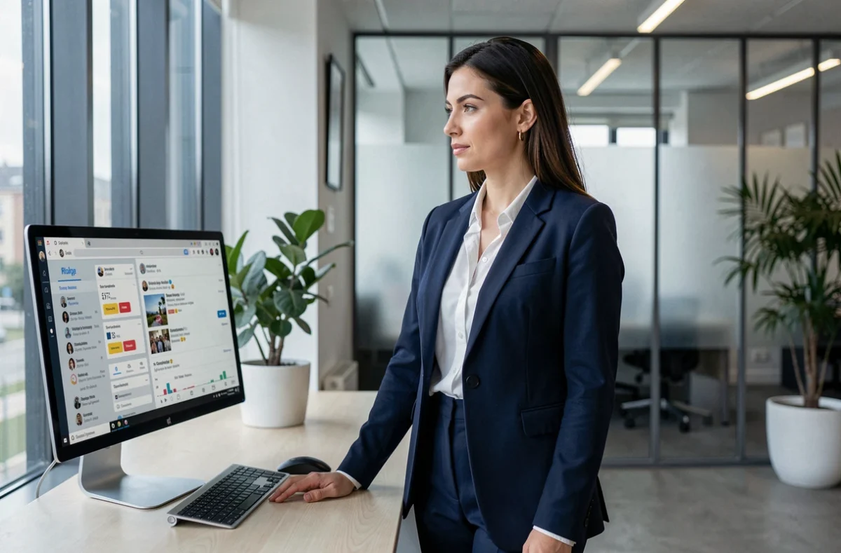 Femme professionnelle dans un bureau moderne analysant des commentaires sur les réseaux sociaux liés à des spéculations médiatiques