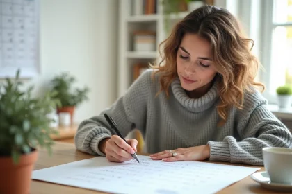 Femme consultant un calendrier papier pour identifier les semaines paires et impaires