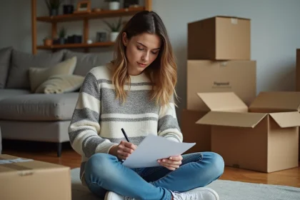 Femme assise sur le sol avec papiers de changement d'adresse