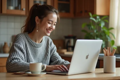 Jeune femme utilisant un code promo sur un site de jouets en bois depuis son ordinateur portable à la maison