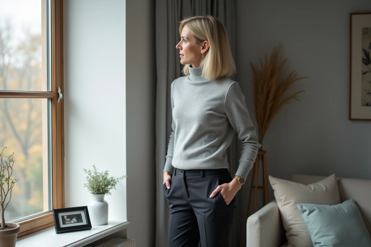 Femme contemplative regardant par la fenêtre dans un appartement moderne, évoquant la vie privée et l'intimité personnelle