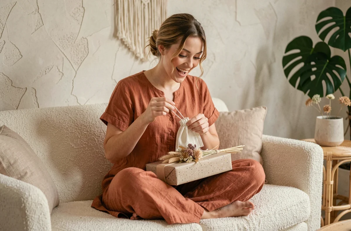 Femme déballant un cadeau baby shower original tendance 2026 avec emballage en papier recyclé et fleurs séchées dans un salon moderne