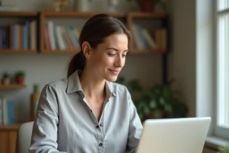 Femme tapant sur un ordinateur portable pour obtenir un acte de naissance en ligne depuis son bureau à domicile