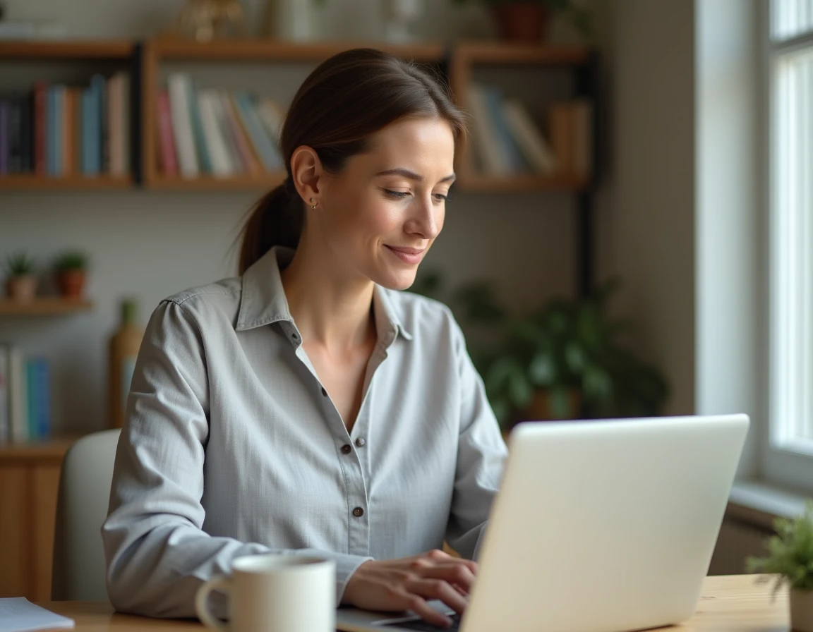 Femme tapant sur un ordinateur portable pour obtenir un acte de naissance en ligne depuis son bureau à domicile