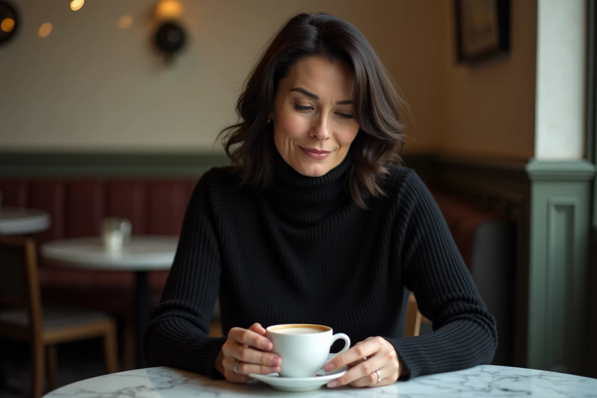 Femme au style français élégant dans une brasserie parisienne, évoquant la discrétion de la vie privée d'une célébrité