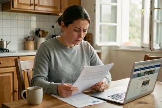 Femme consultant des documents administratifs liés au RSA à la maison