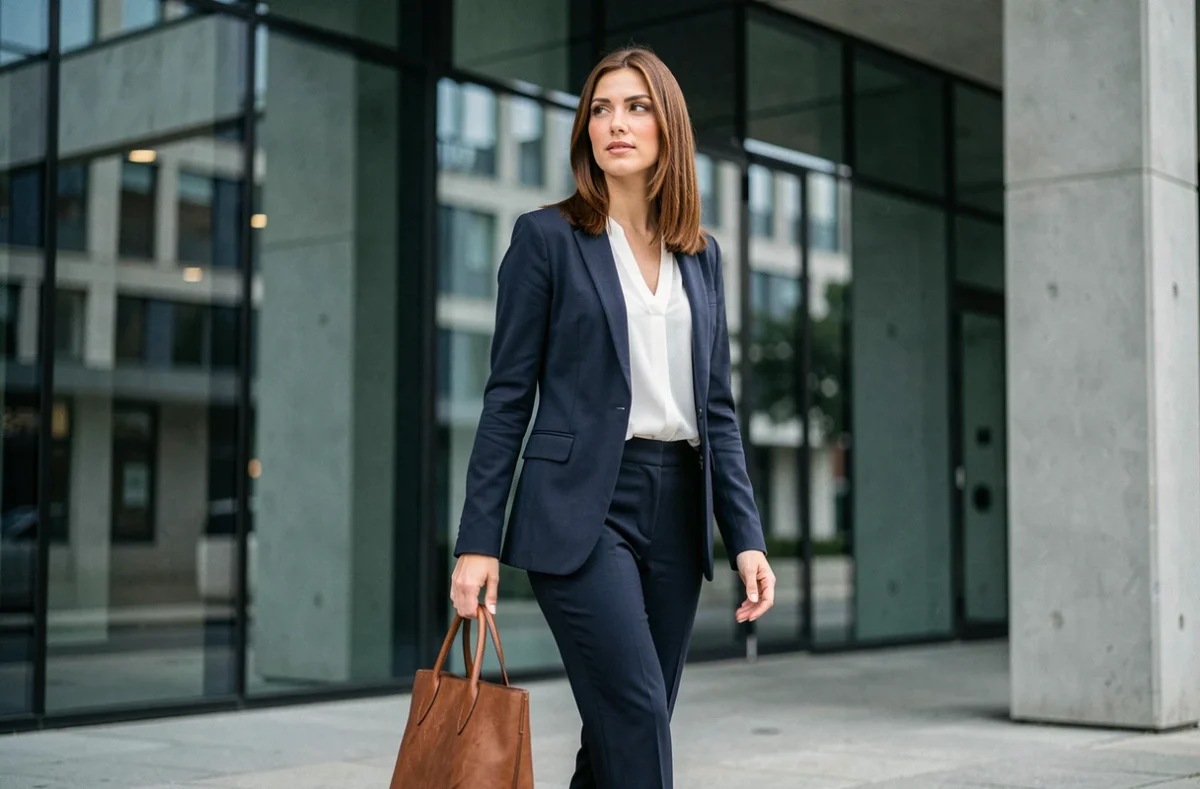 Femme élégante en blazer marine marchant devant un bâtiment moderne, illustrant une personnalité publique féminine dans un contexte urbain en 2026
