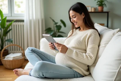 Jeune femme enceinte au premier trimestre consultant une liste de naissance en ligne sur une tablette, assise dans son salon cosy