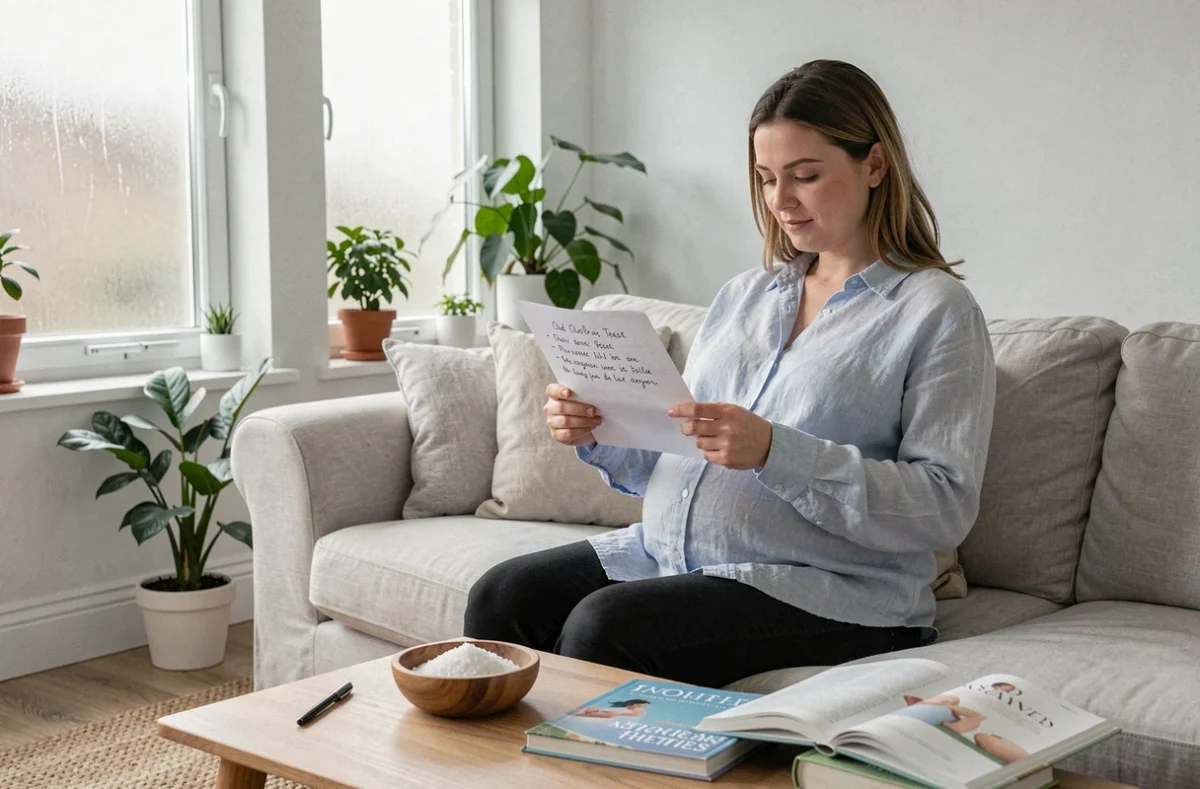Femme enceinte lisant des informations sur le test du sel fille ou garçon, avec un bol de sel posé sur la table basse
