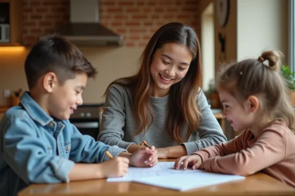 Femme et enfants faisant leurs devoirs dans la cuisine chaleureuse