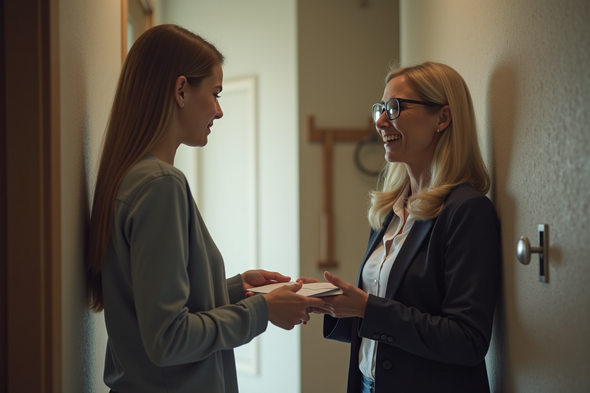 Femme donnant une enveloppe à sa fille dans le couloir