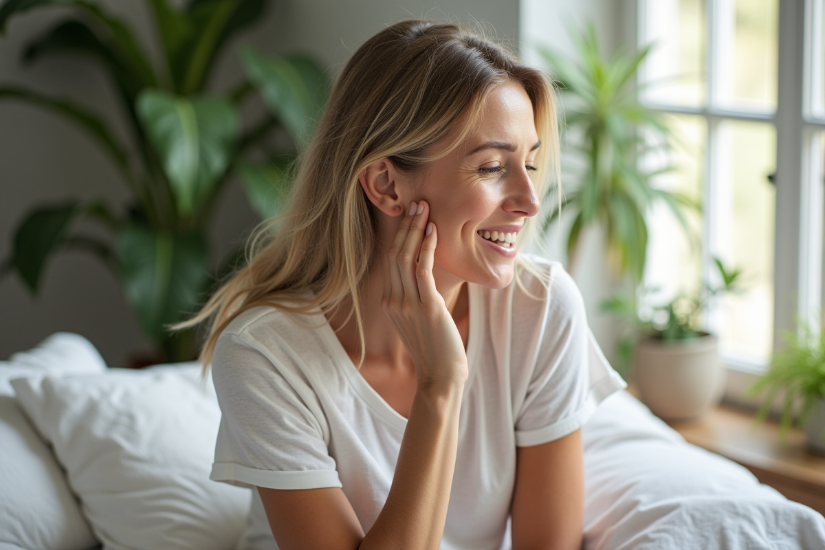 Femme appliquant une creme dans une chambre lumineuse