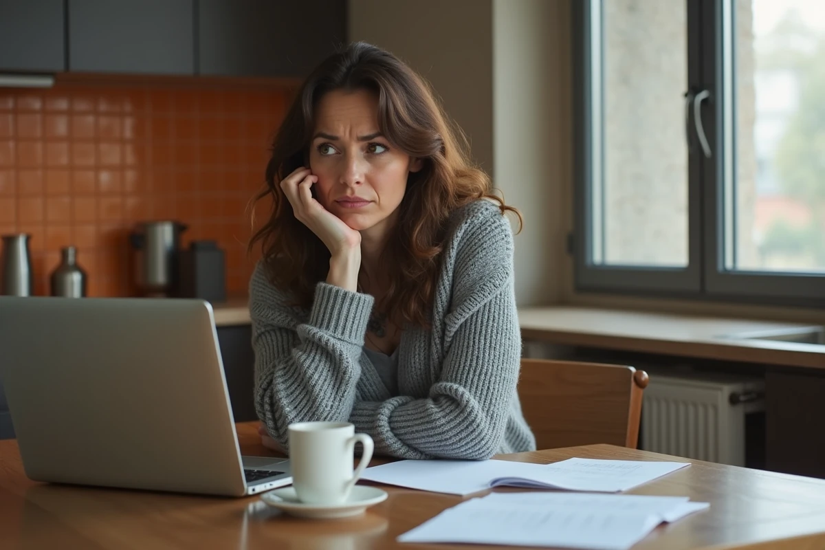 Femme inquiète devant son ordinateur portable après avoir découvert une arnaque en ligne sur MaFicheClasse