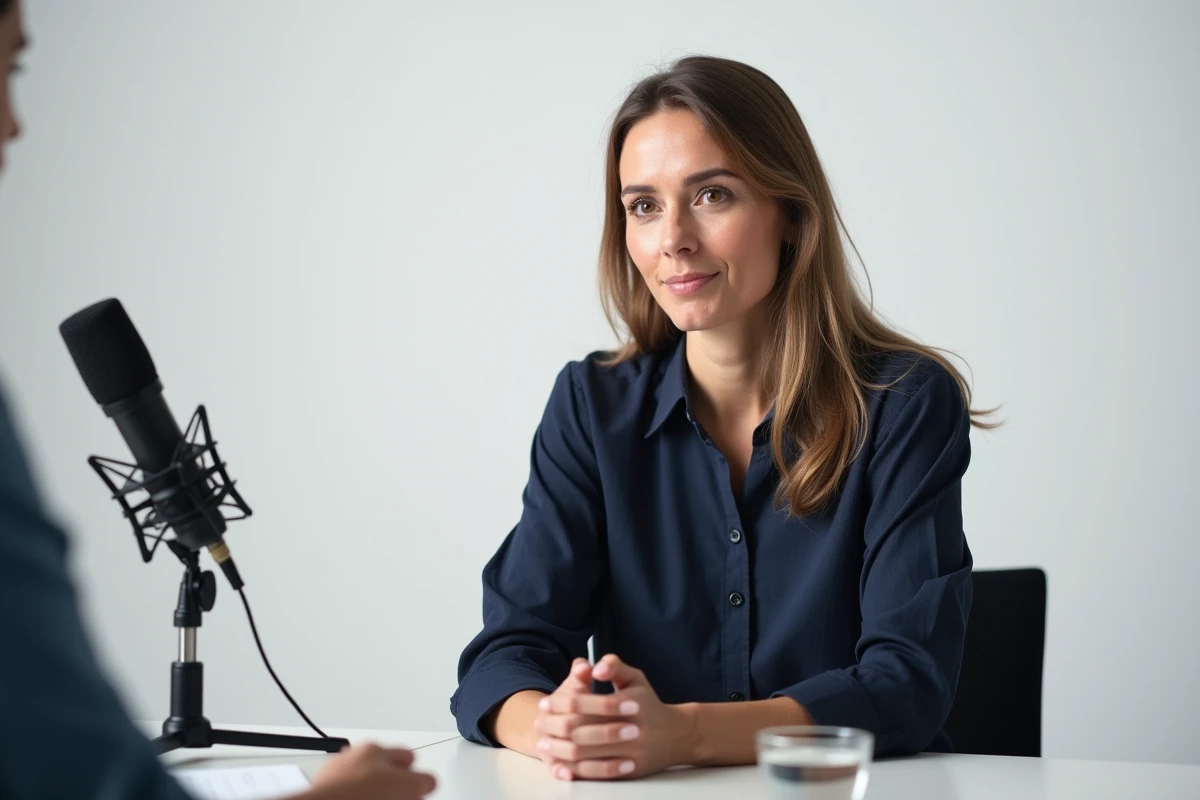 Femme interviewée dans un studio épuré avec microphone, regard direct vers la caméra exprimant franchise et sincérité