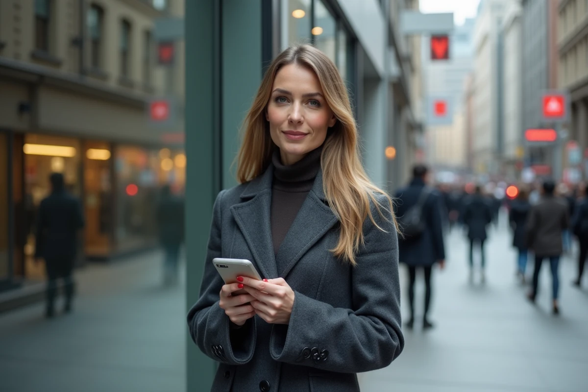 Femme journaliste debout devant un immeuble de médias moderne en milieu urbain, tenant un smartphone avec une expression assurée