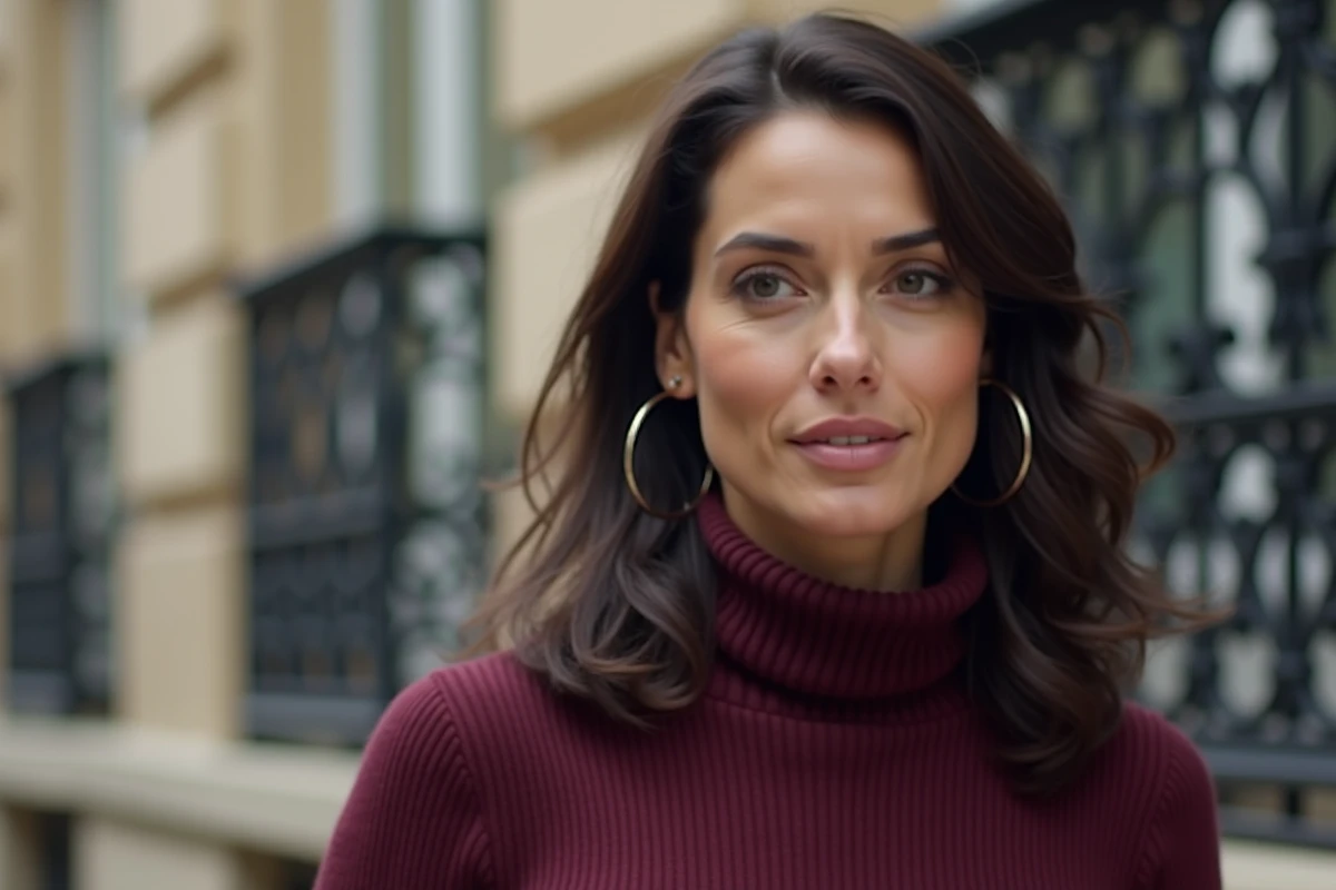 Femme journaliste aux traits franco-méditerranéens posant devant une façade parisienne en pierre, portrait éditorial extérieur