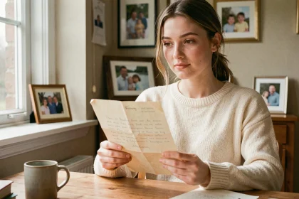 Jeune femme tenant une lettre manuscrite en souvenir de son père décédé, assise à un bureau en bois dans un intérieur chaleureux